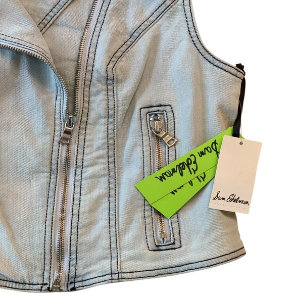 Sam Edelman Denim Cropped Moto Vest Blue Women's Sleeveless Jean Jacket- L-- NWT - Picture 5 of 12